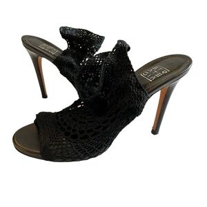 Strategia Black Crochet Leather Slingback Open Toe Heel